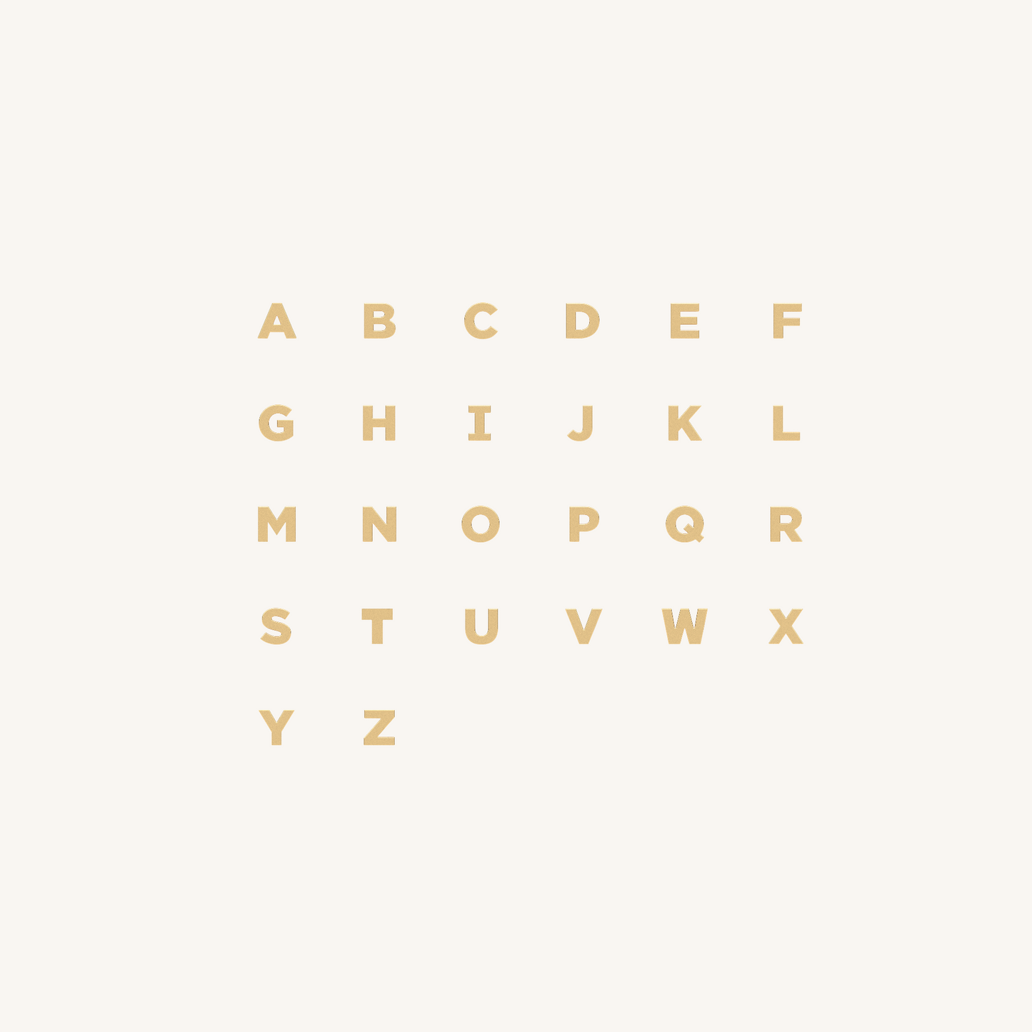 Alphabet letters from A to Z in gold on a white background