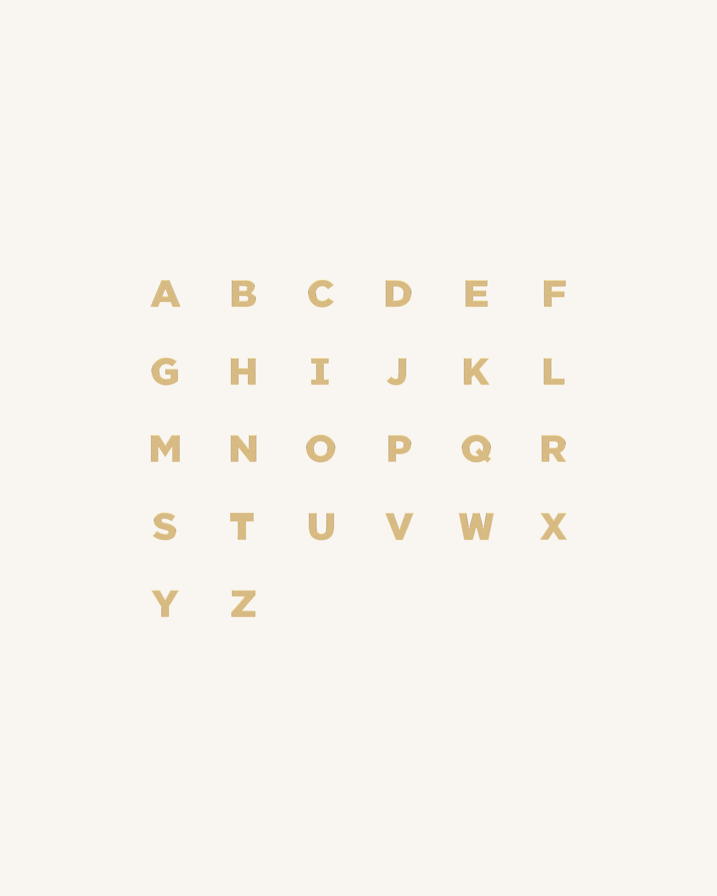 Gold alphabet letters on a white background