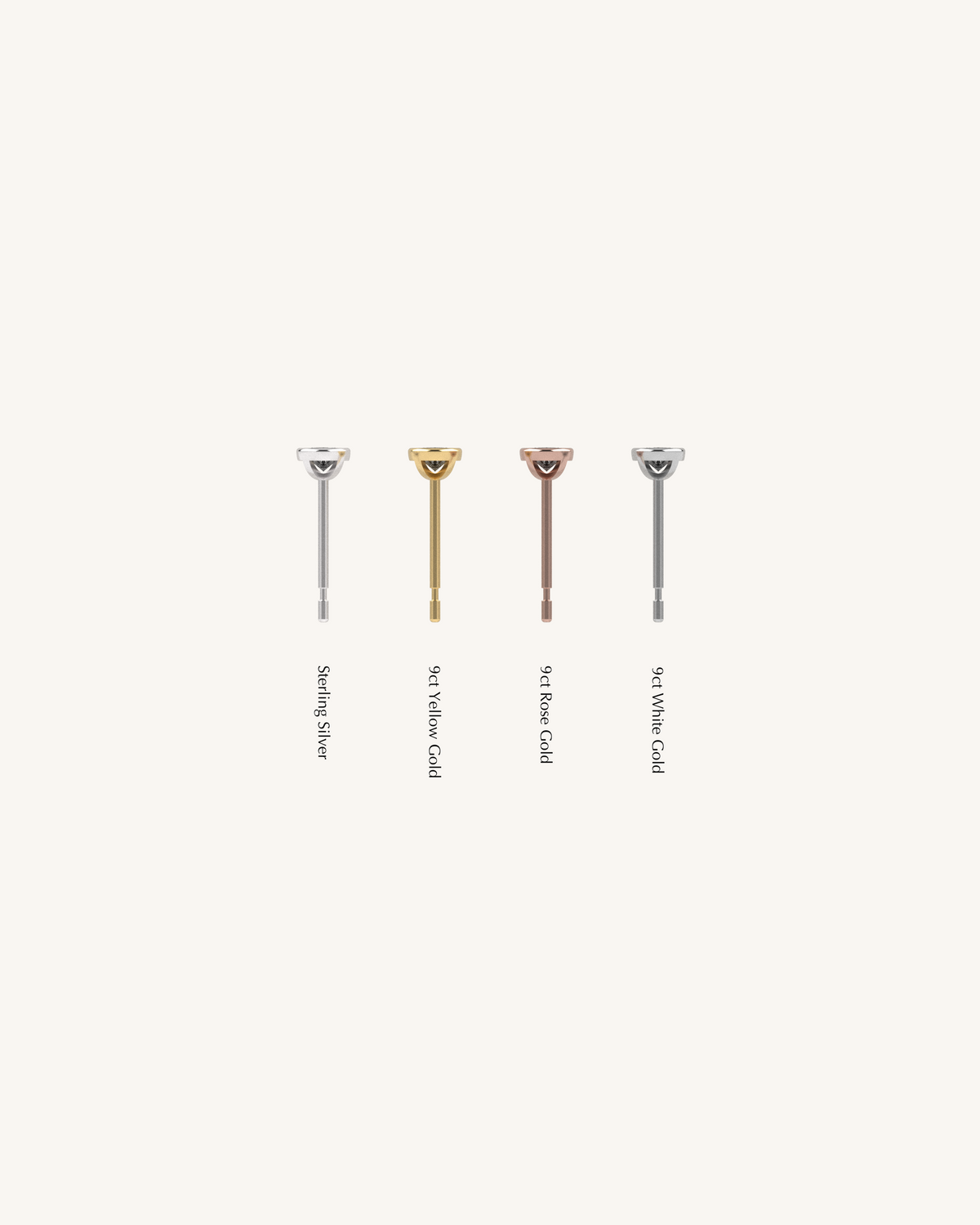 Four slim metal accessories shown vertically on a plain light background, labeled as Silver, Gold, Rose gold, and Yellow Gold.