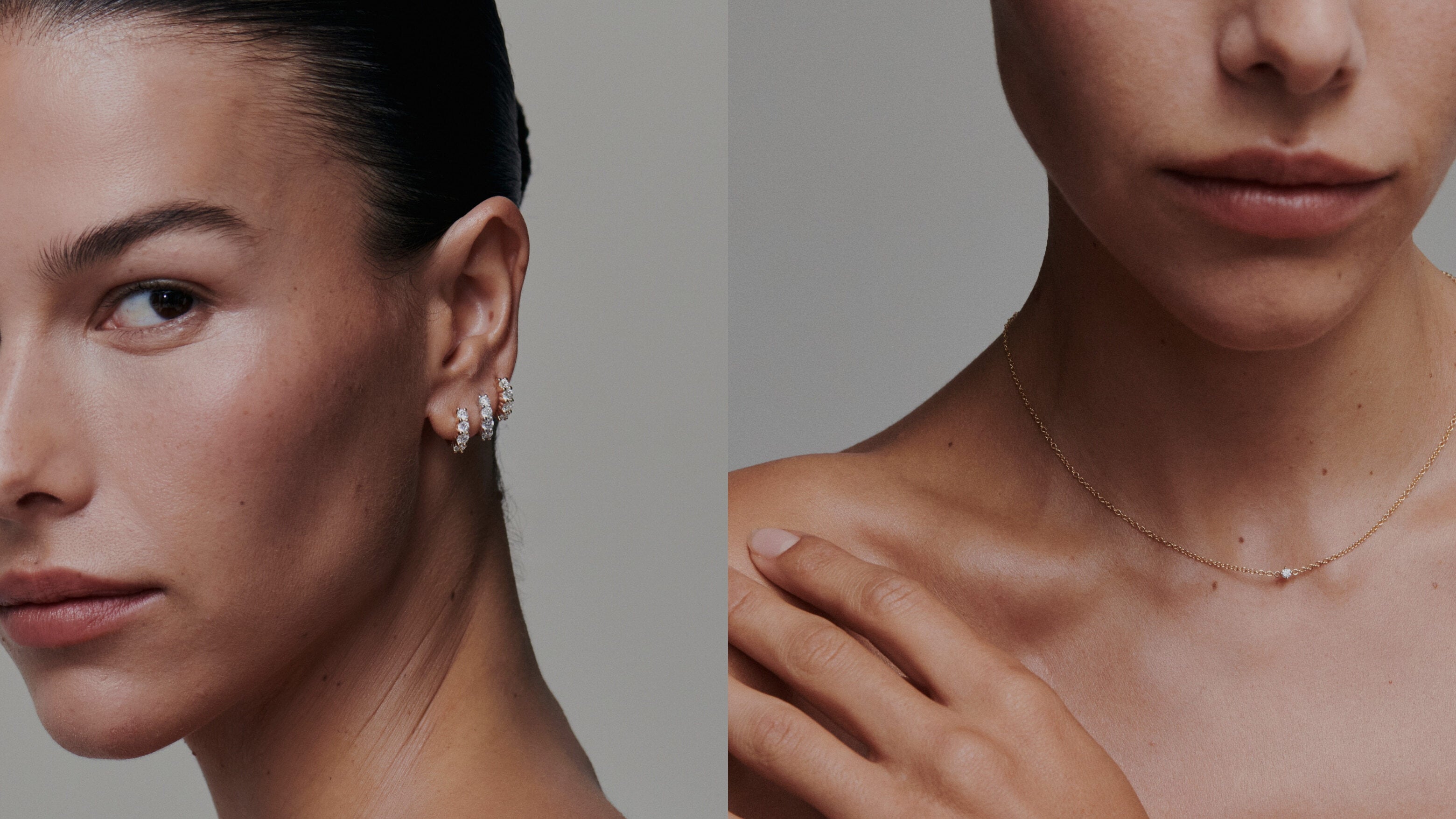 Close-up of a woman's face and neck with a focus on skincare, wearing earrings and a necklace.